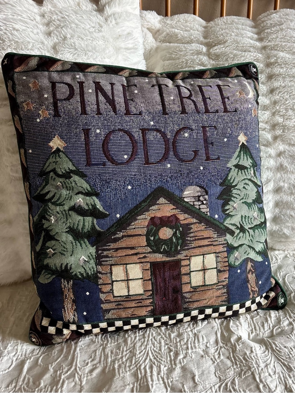 Vintage rustic "Pine Tree Lodge" decorative tapestry throw pillow cabin winter